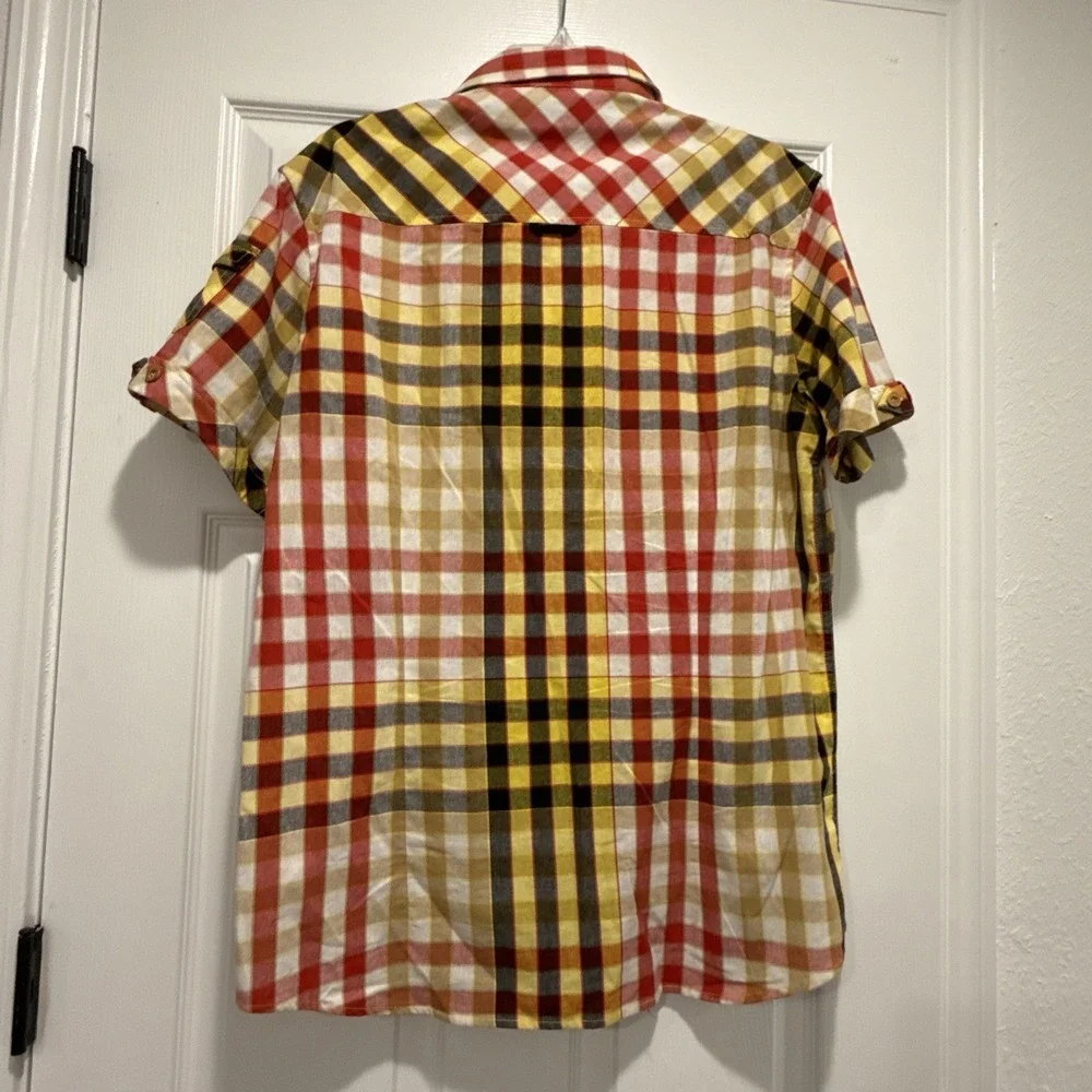 AKOO & Co Trust 80 Short Sleeve Shirt Men's L Button Front Plaid Red & Yellow - Picture 2 of 11